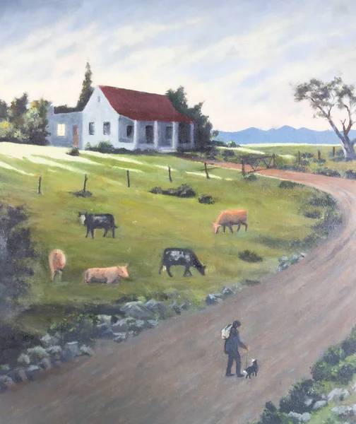 Kunst schilderij van bescheiden huisje bij zonsondergang met herder van het vee en — Stockfoto