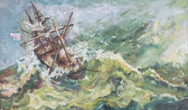 Old Vintage Nautical Coastal Landscape Oil Ship Painting — Stock Photo, Image