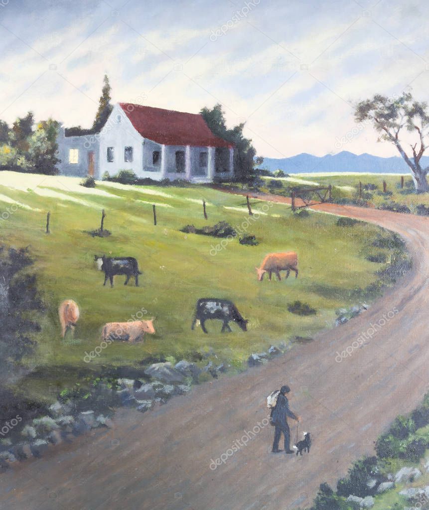 Art painting of humble cottage at sundown with cattle herder and