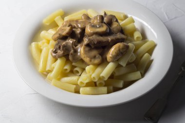 Sığır straganof makarna yakın up - Rus gıda arka plan üzerinde