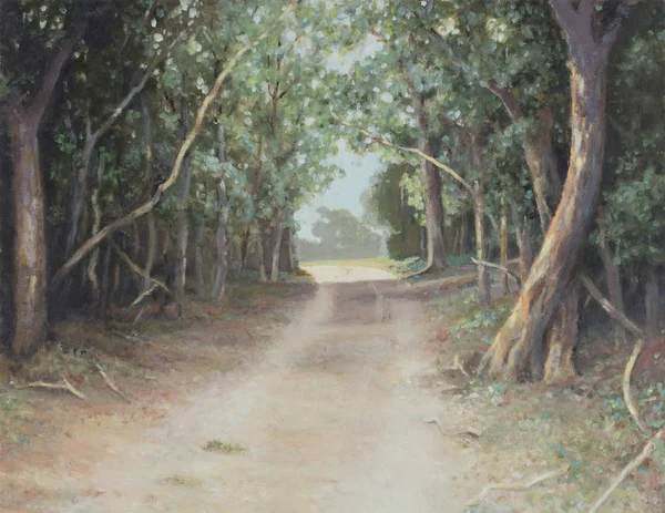 Pintura a óleo original sobre tela - Pista de árvores altas ensolaradas — Fotografia de Stock