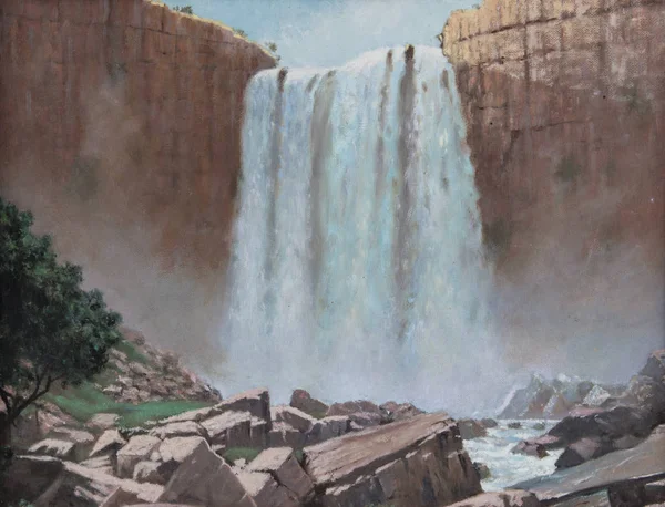 Vecchio dipinto ad olio vintage di cascata su un paesaggio roccioso scogliera — Foto Stock