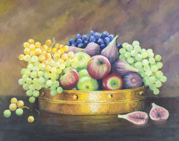 画布上的油画--铜盘中的水果静物 — 图库照片