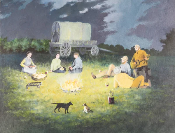 Pintura a óleo original sobre tela - Pioneer cena de fogueira com pe — Fotografia de Stock