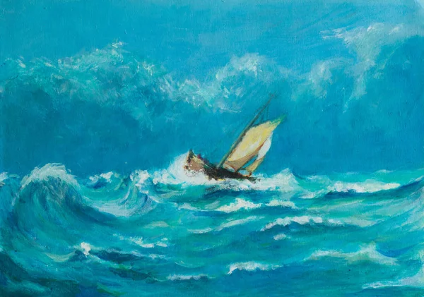 Original oil painting of lonely little sailing ship battling in a storm — Stock Photo, Image
