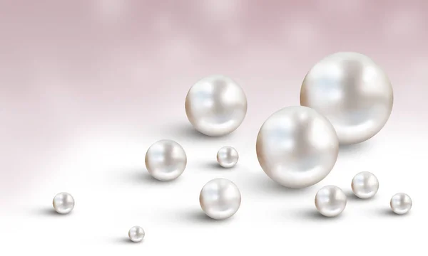 Muchas perlas blancas pequeñas y grandes sobre fondo blanco y rosa — Foto de Stock