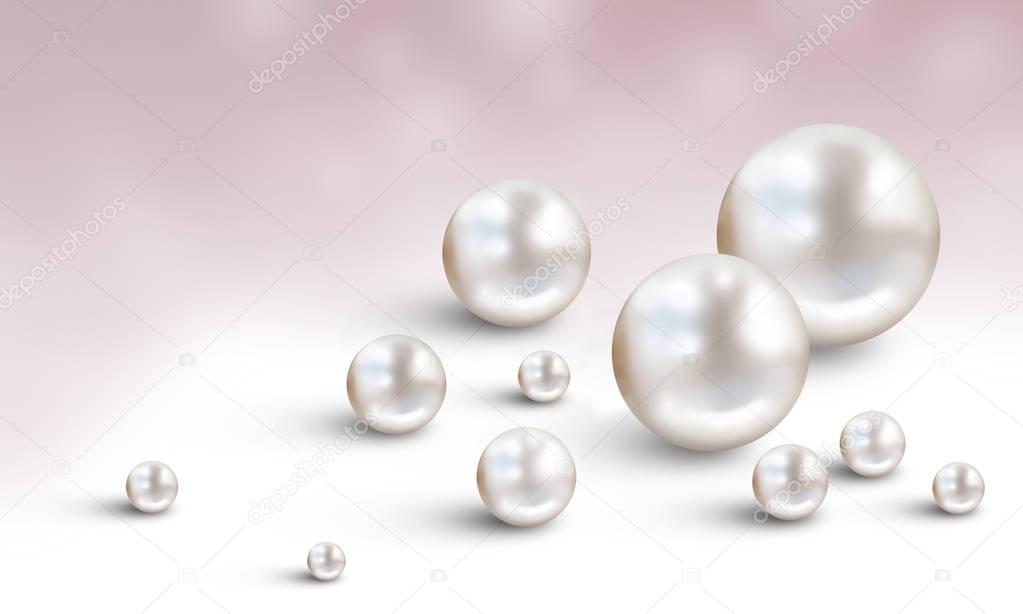 Many small and big white pearls on white and pink background