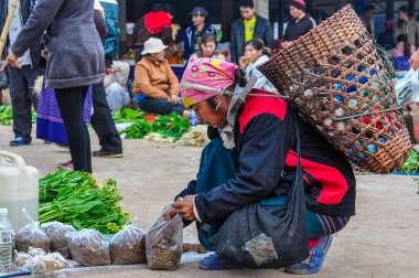Kadınla bir çanta içinde belgili tanımlık çarşı, Muang Sing, Laos