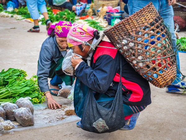 Kobieta z torbą na rynku, Muang Sing, Laos — Zdjęcie stockowe