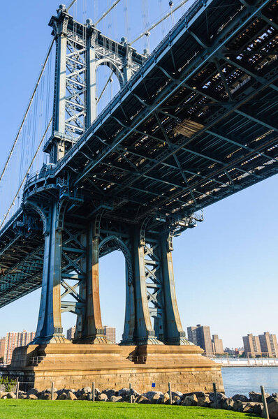 View of Manhattan Bridge from below in Brooklyn, New York City, USA