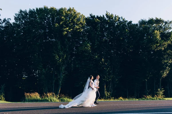 Passeio Verão Dos Recém Casados Natureza — Fotografia de Stock