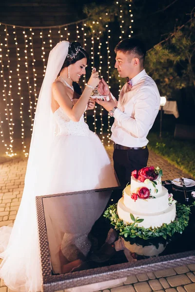 Das Brautpaar Schneidet Die Hochzeitstorte — Stockfoto