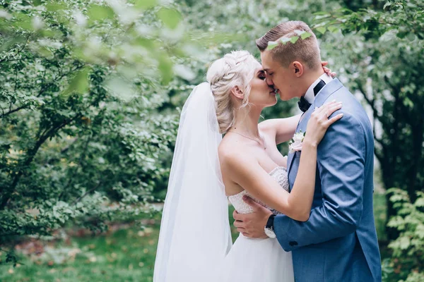 Caminhando Recém Casados Natureza — Fotografia de Stock