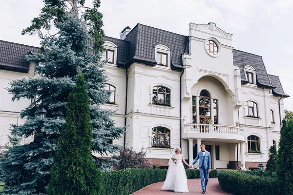 Caminhando Recém Casados Natureza — Fotografia de Stock