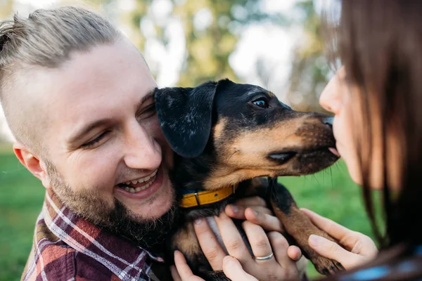 Promenez Gars Une Fille Avec Chien Dans Forêt Bord Lac — Photo