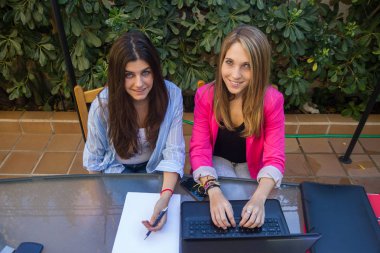 Genç Girişimciler ile bir dizüstü bilgisayar çalışma. Onların şirket oluşturmakta olduğunuz iki güzel beyaz kız olduklarını.