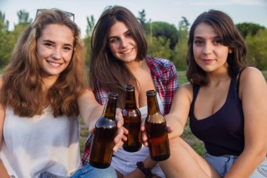 Bir parkta bira içmek keyfi yerinde tatil kutlayan arkadaşlar. Onlar şişe ile toasting ve isteyen tüm birbirlerini çok iyi gider. Mutlular.. 