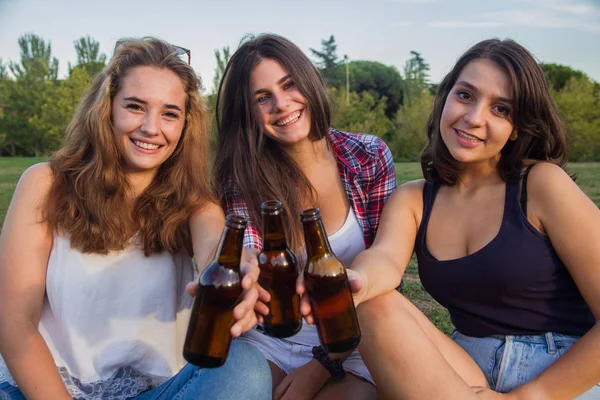 공원에서 맥주를 마시는 좋은 시간을 보내고 휴가 축 하 하는 여자 친구. 그들은 병 홀 짝. — 스톡 사진