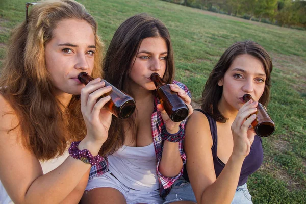 Arkadaşlar bir parkta bira içmek keyfi yerinde tatil kutluyor.  