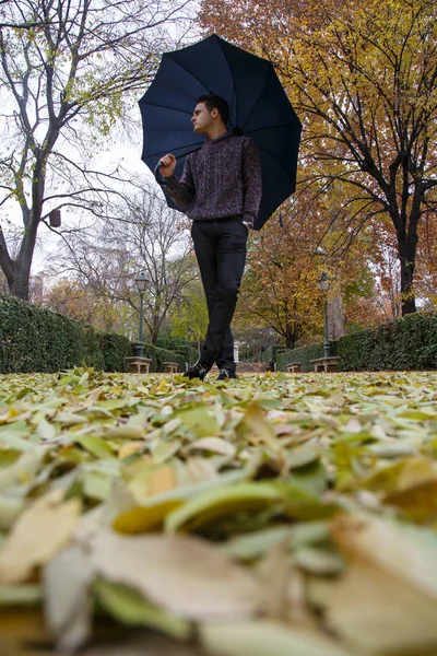 Young man with umbrella walking by fallen leaves on the ground in a park a cloudy day.
