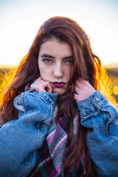 Portrait Young Brunette Trendy Denim Jacket Scarf Looking Alluringly Camera — Stock Photo, Image