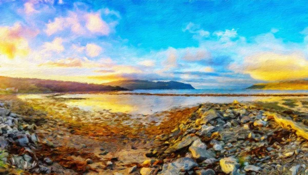 ธรรมชาติของสแกนดิเนเวีย ดวงอาทิตย์ตกที่สวยงามในหมู่บ้าน Olderfjord — ภาพถ่ายสต็อก