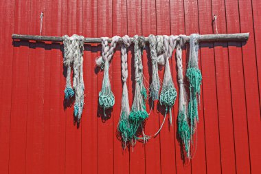 Fishing tackle on the house of villager, Svolvaer, Norway. clipart