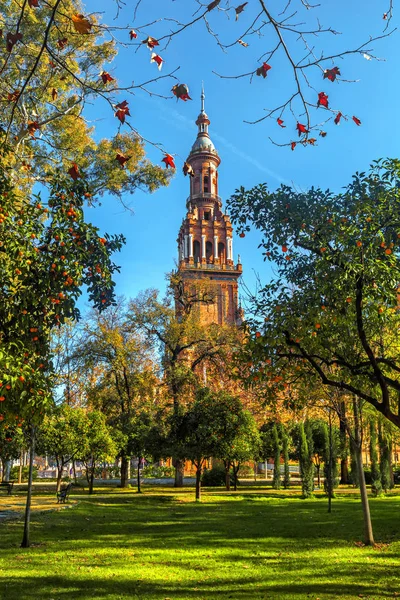 Vista de la Torre en Plaza Espana desde el Parque de María Luisa — Foto de Stock