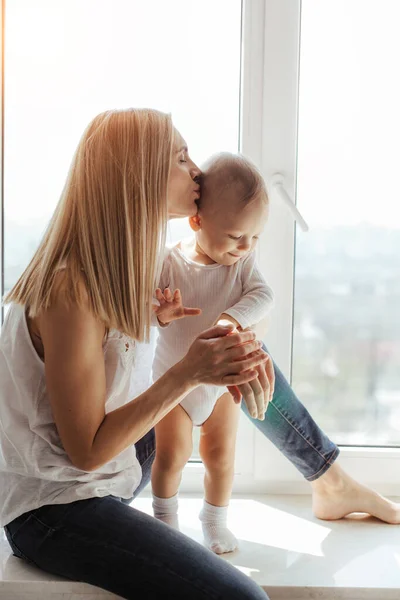 Portrait Smiling Young Cute Mother Her Son Playing Window Bright — Stock Photo, Image