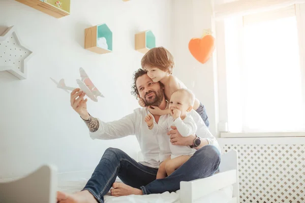 Young Father Two Sons Playing Toy Plane Happy Family Three — Stock Photo, Image