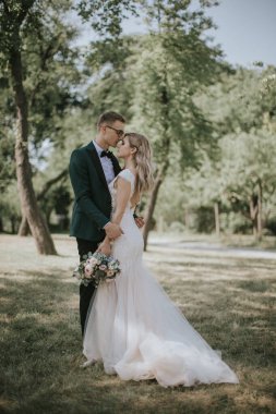 Güzel bir gelin ve damadın portresi kucaklaşır, öpüşür ve kucaklaşır. Doğanın bağrında aşık bir çift. Yakışıklı damat ve ormanda poz veren güzel sarışın gelin. Modern elbise ve takım elbise