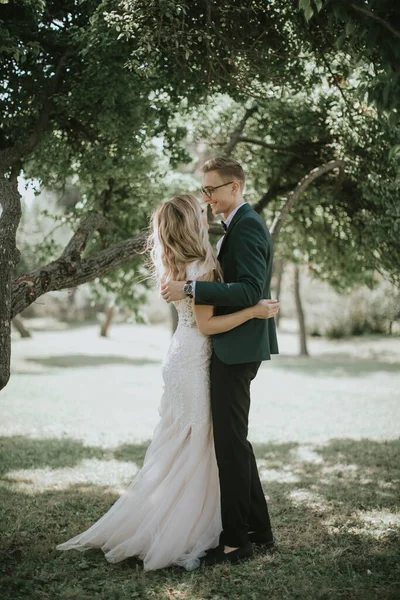 Πορτρέτο Μιας Αξιαγάπητης Νύφης Και Του Γαμπρού Αγκαλιάσει Φιλήσει Και — Φωτογραφία Αρχείου
