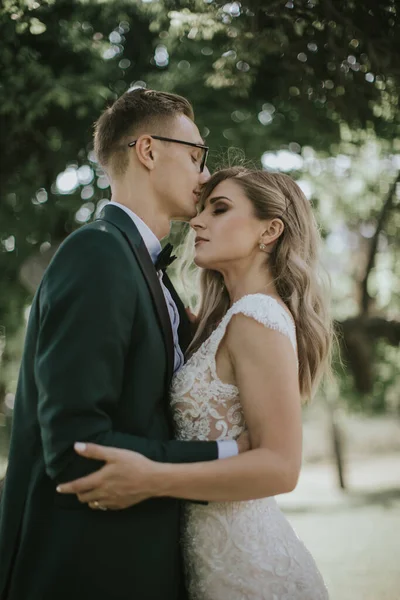 Portret Van Een Mooie Bruid Bruidegom Omhelzen Kussen Knuffelen Elkaar — Stockfoto