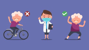 Faaliyet ve doktorluk yapan yaşlı insanlar, basitçe vektör illüstrasyonu 