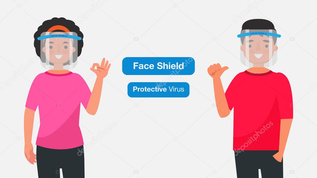 people in face shields banner, simply vector illustration 