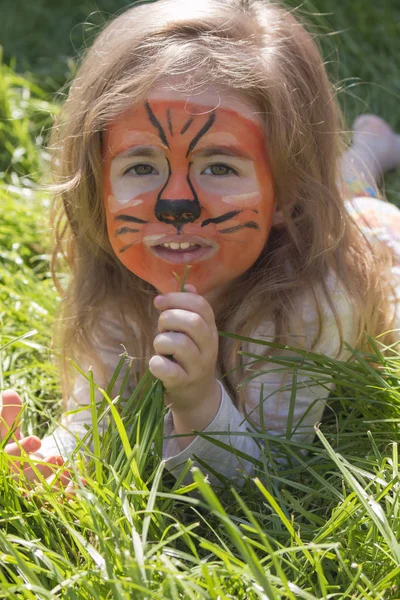 Retrato de uma menina com maquiagem tigre aqua, deitado na grama verde — Fotografia de Stock