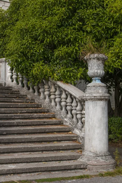 Old stone balustrade of railing background of green trees. Classic design and architecture. A picturesque landscape. Stock Image