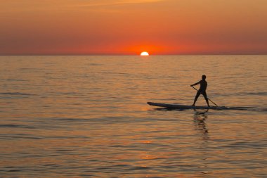 Ayakta kürek çekme tahtası, plaj eğlencesi gün batımında insanın güzel silueti. Denizde romantik, renkli bir gün batımı. Güneş batar