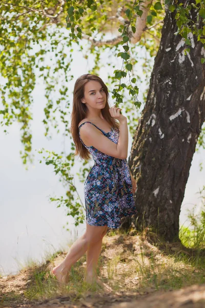 Όμορφο κορίτσι σε ένα πολύχρωμο φόρεμα με μακριά μαλλιά στο δάσος καλοκαίρι — Φωτογραφία Αρχείου