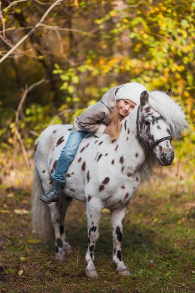 Niña hermosa sentada en un pony en el parque de otoño —  Fotos de Stock