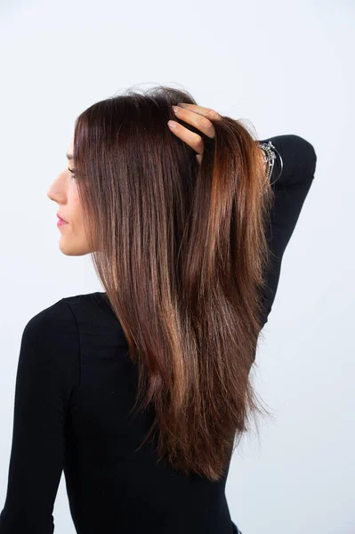 Head Brunette Seen Back Touching Her Fantastic Long Straight Hair — Stock Photo, Image