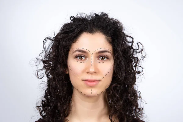 Gezichtsheffen Cosmetische Gezicht Vorm Chirurgie Voorlopige Simulatie Stippellijnen — Stockfoto