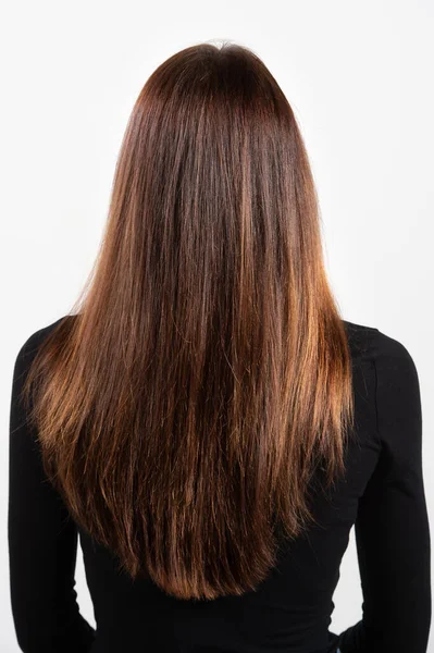 Brown Haired Women Black Top Rear View Closeup Glossy Straight — Stock Photo, Image