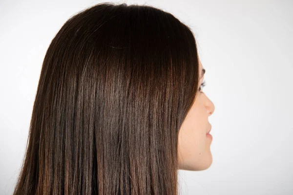 Rear View Gorgeous Brunette Woman Focused Beautiful Long Brown Glossy — Stock Photo, Image