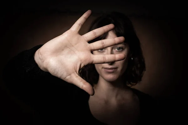 Woman Showing Stop Sign Don Come Closer Gesture Focused Hand — Stock Photo, Image