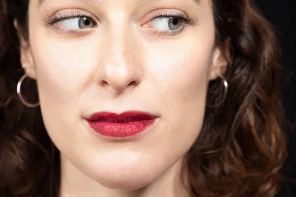 Beautiful Brunette Women Face Sensual Lips Red Matt Lipstick Looking — Stock Photo, Image
