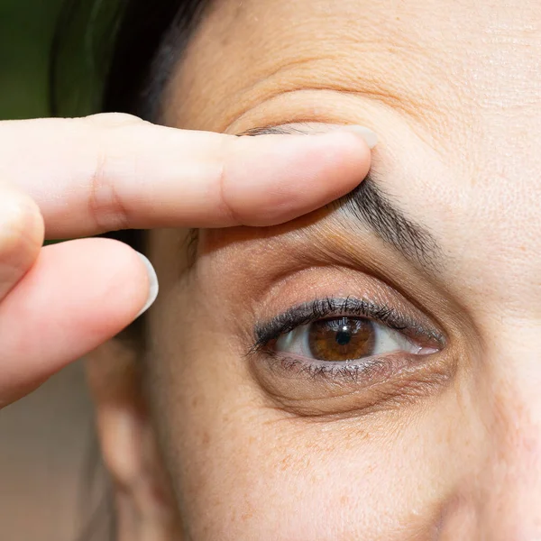 Tired Woman Wide Open Her Eye Finger — Stock Photo, Image