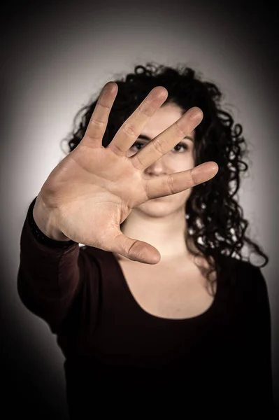 Caucasian Curly Haired Woman Showing Her Palm Stretched Arm Stop — Stock Photo, Image