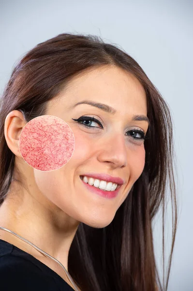 Portrait Beautiful Smiling Young Woman Magnified Circle Showing Macro Detail — Stock Photo, Image