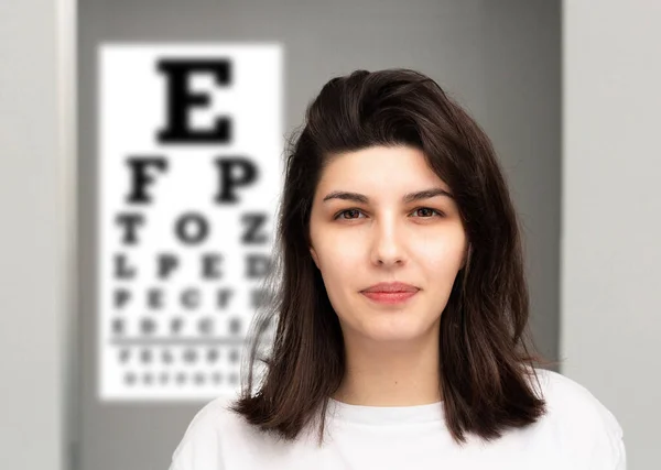 Short Sighted Girl Optician Studio Medical Check — Stock Photo, Image